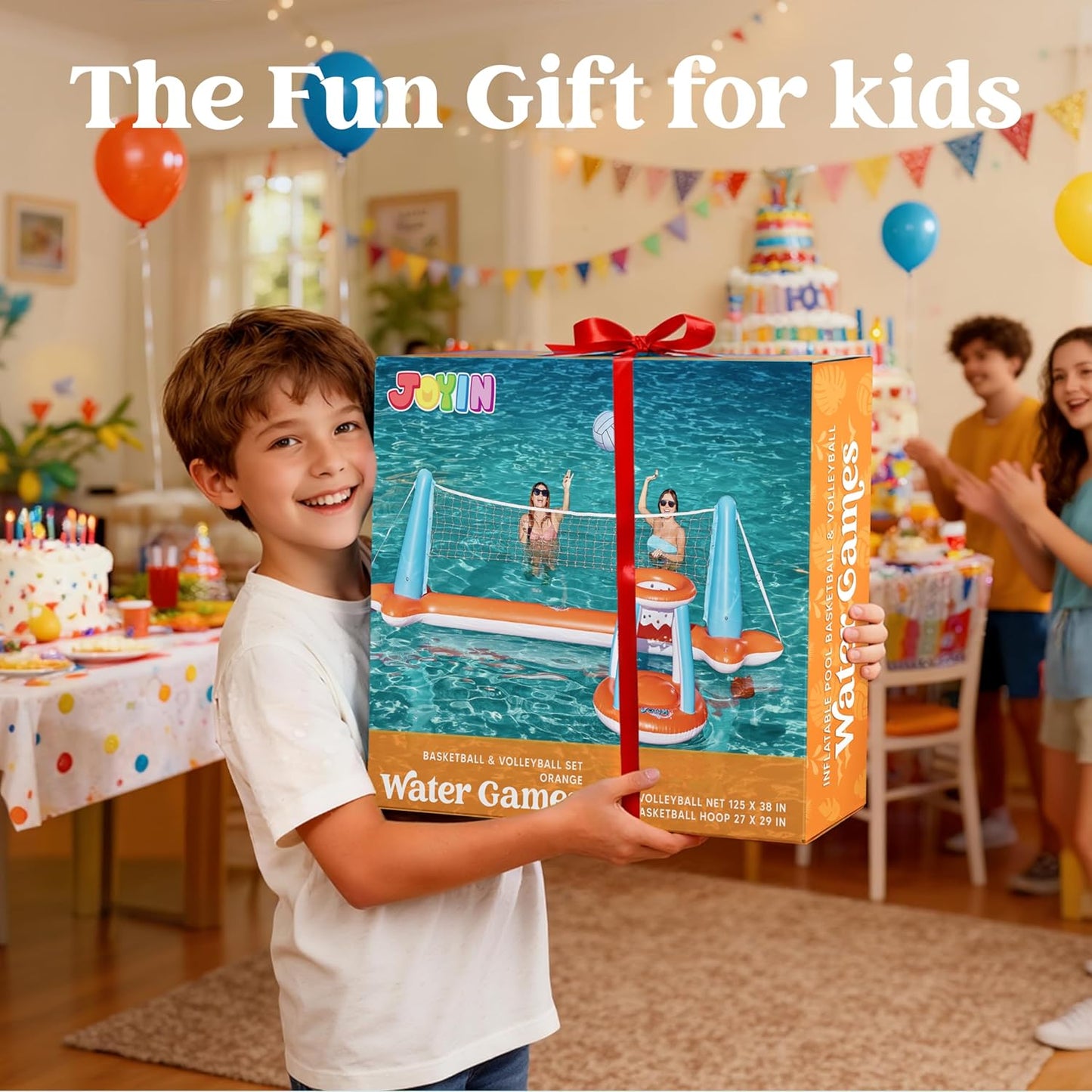 XL Inflatable Pool Float Set, 125'' Volleyball Net & Basketball Hoops, Extra Large Floating Swimming Game Toy for Kids and Adults, Summer Floaties, Volleyball Court|Basketball, Xl-Orange
