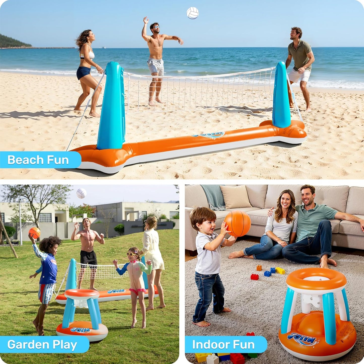 XL Inflatable Pool Float Set, 125'' Volleyball Net & Basketball Hoops, Extra Large Floating Swimming Game Toy for Kids and Adults, Summer Floaties, Volleyball Court|Basketball, Xl-Orange